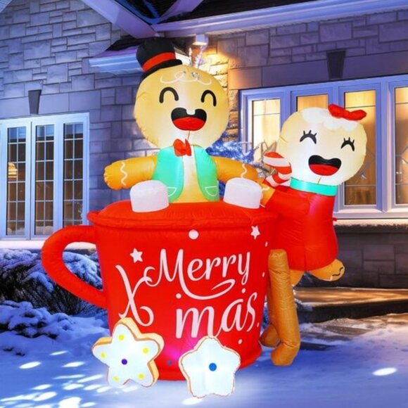 ⚡6 FT Christmas Inflatables Gingerbread Man in Hot Cocoa Mug Outdoor Decorations - Picture 1 of 7